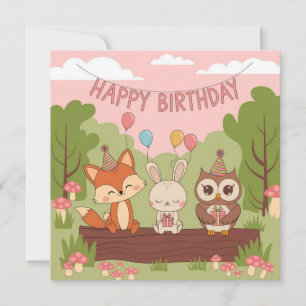 Cute Kids' Birthday Design with Fox, Bunny & Owl Holiday Card