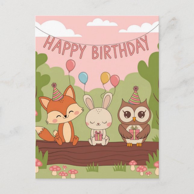 Cute Kids' Birthday Design with Fox, Bunny & Owl Postcard (Front)