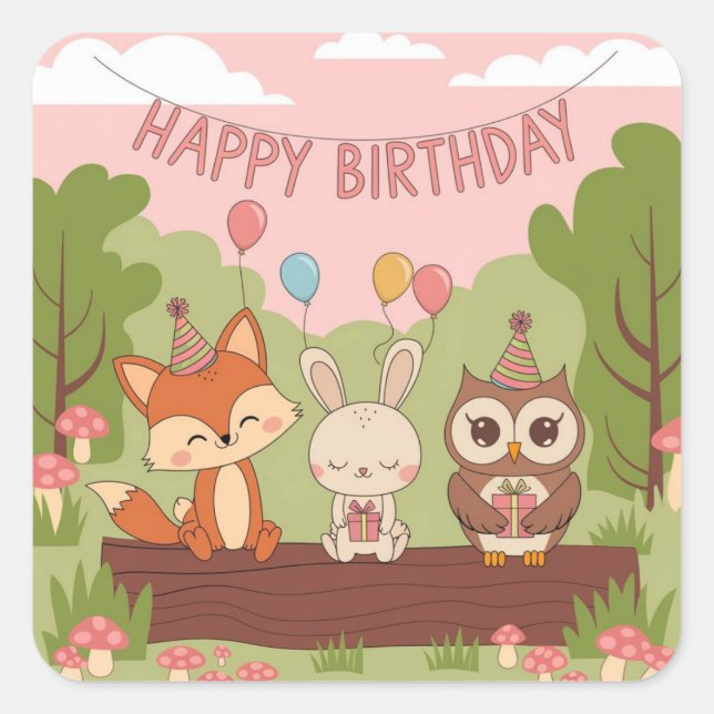 Cute Kids' Birthday Design with Fox, Bunny & Owl Square Sticker (Front)
