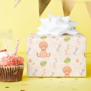 Cute Kids Birthday Orange Dinosaur Wrapping Paper