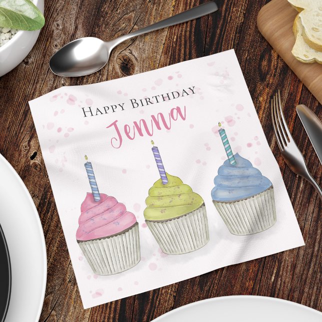 Cute Kids Birthday Party Cupcakes Custom Napkin (Happy Birthday cute party custom napkin with watercolor cupcakes.)