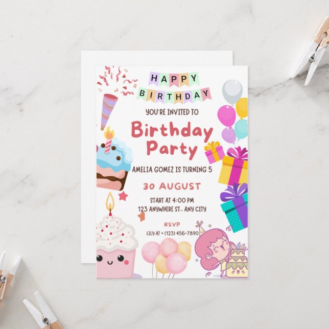 Cute Kids Birthday Party Invitation – Colourful Ba (Front/Back In Situ)