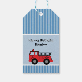 Cute Kid's Blue and Red Fire Truck Birthday Tag