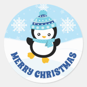 Cute Kids Blue Hat Penguin Merry Christmas Classic Round Sticker