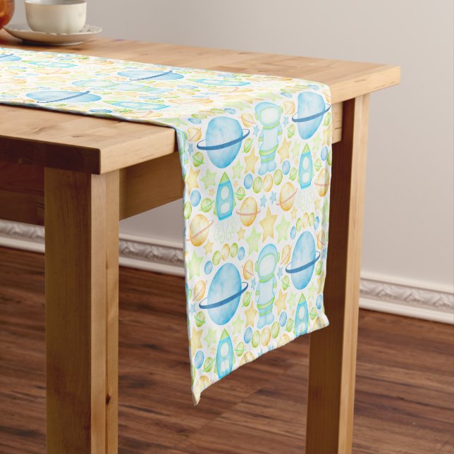 Cute Kids Blue Outer Space Astronaut Short Table Runner (In Situ)