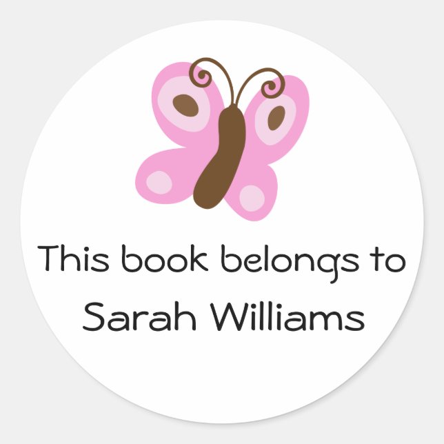 Cute kids bookplate stickers with pink butterfly (Front)