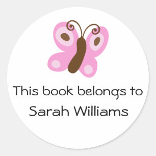 Cute kids bookplate stickers with pink butterfly
