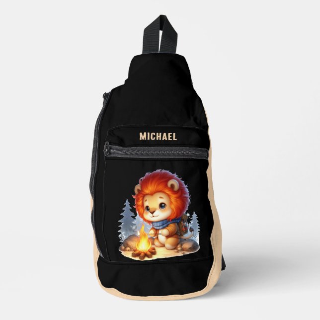 Cute kids camping add name lion  sling bag (Front)