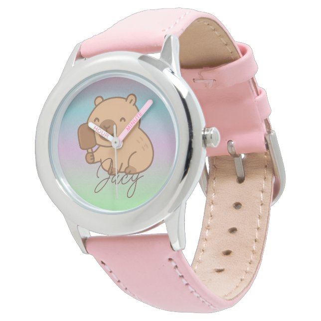 Cute Kids Capybara eating icecream Rainbow Watch (Angled)