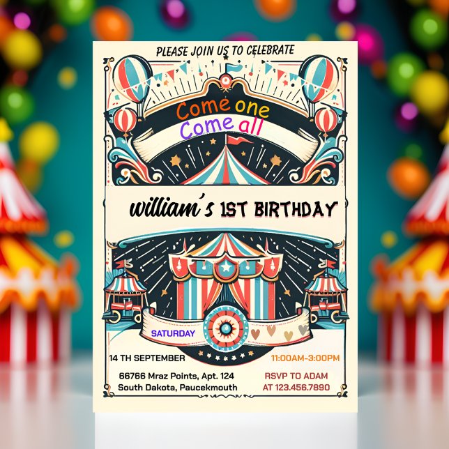 cute kids Carnival Circus Show 1st Birthday Invitation (Creator Uploaded)