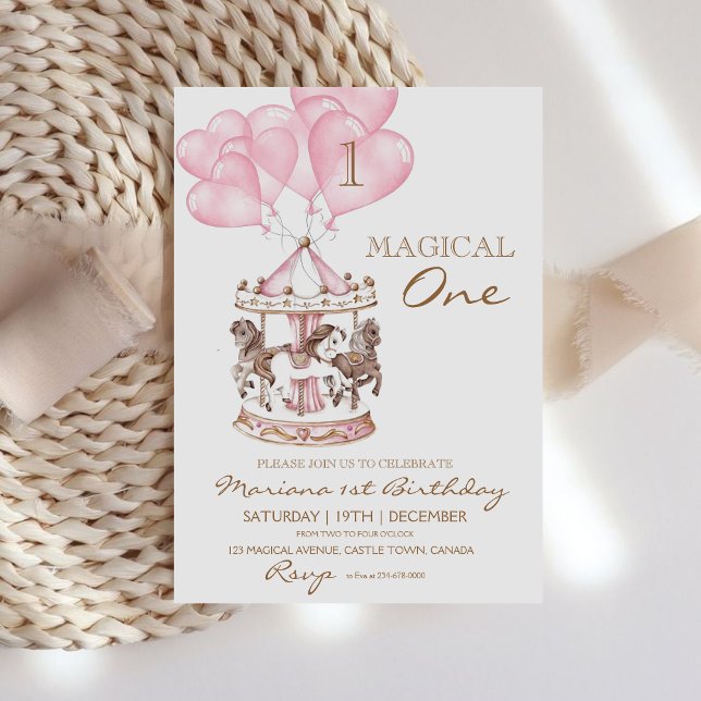 Cute Kid's Carousel Unicorn Girly 1st Birthday Invitation (Creator Uploaded)
