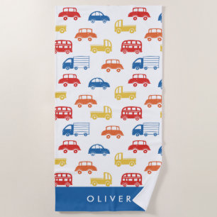 Cute Kids Cars Pattern Monogram Beach Towel