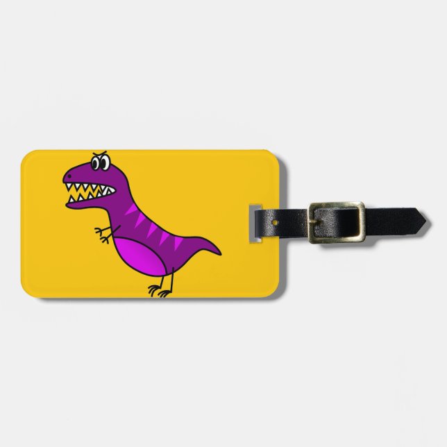 Cute kids cartoon angry purple dinosaur luggage tag (Front Horizontal)