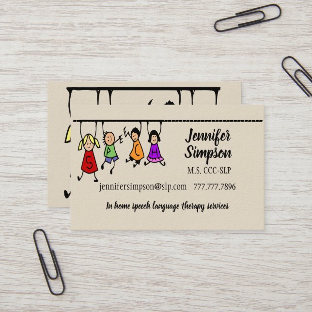 Cute Kids Cartoon Holding Speech Words Business Card (Front/Back In Situ)