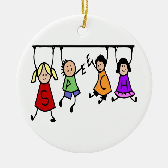 Cute Kids Cartoon Holding Speech Words Ceramic Tree Decoration (Front)