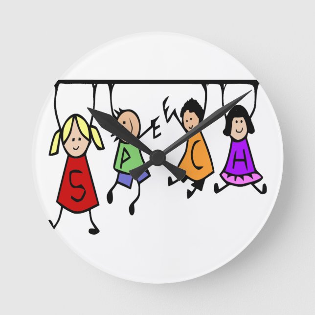 Cute Kids Cartoon Holding Speech Words Round Clock (Front)