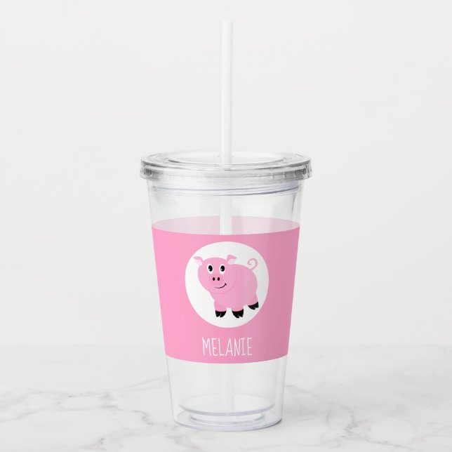 Cute Kids Cartoon Pig Pink Personalised Acrylic Tumbler (Front)