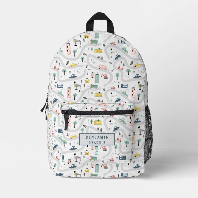 Cute Kids Cartoon Roads Cars City Town Pattern Printed Backpack (Front)