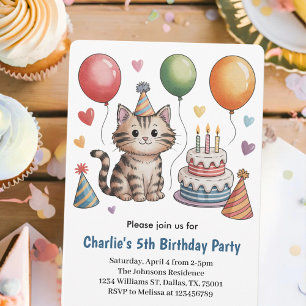 Cute Kids Cat Birthday Party Invitation
