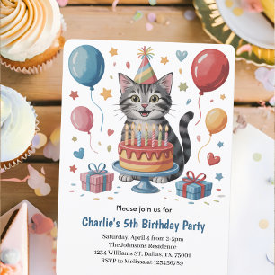 Cute Kids Cat Birthday Party Invitation