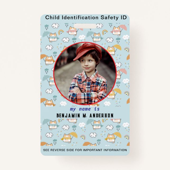 Cute Kid's Cat Colourful Custom Photo Child ID ID Badge (Front)