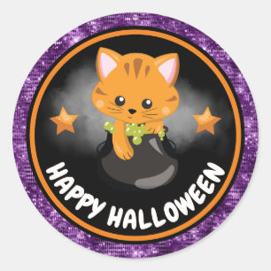 Cute Kids Cat & Purple Glitter Happy Halloween Classic Round Sticker