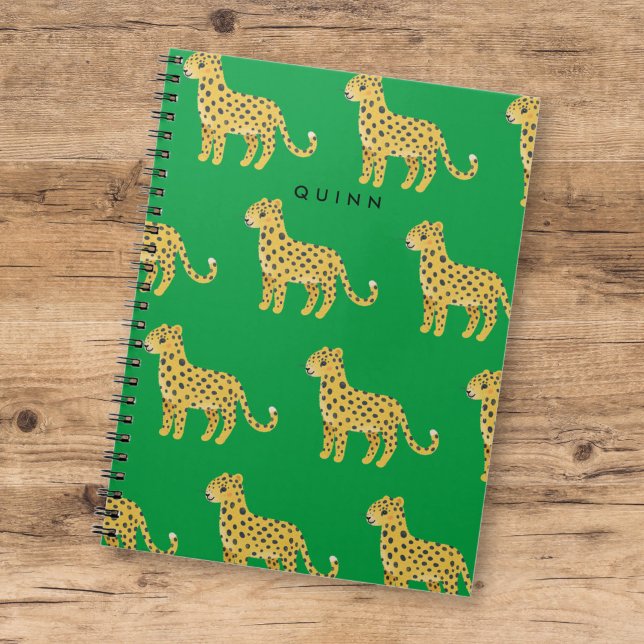 Cute Kids Cheetah Leopard Green w/ Name Notebook (Creator Uploaded)