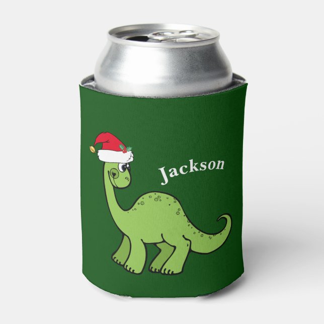 Cute Kids Christmas Dinosaur Green Personalised Can Cooler (Can Front)