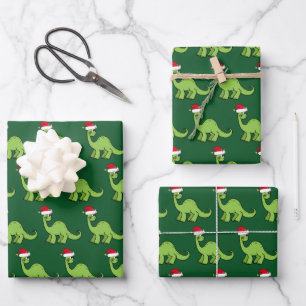 Cute Kids Christmas Dinosaur Santa Green Holiday Wrapping Paper Sheet