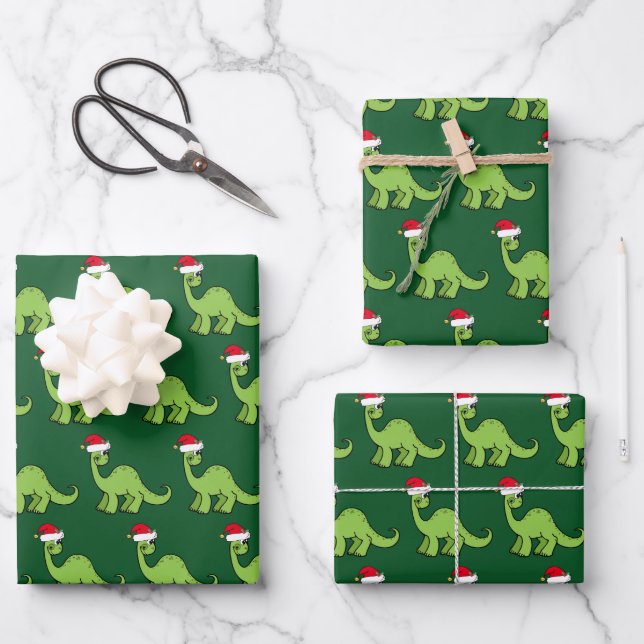 Cute Kids Christmas Dinosaur Santa Green Holiday Wrapping Paper Sheet (Front)