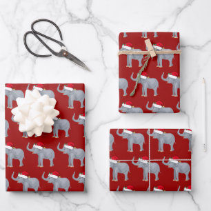 Cute Kids Christmas Elephant Santa Hat Red Holiday Wrapping Paper Sheet