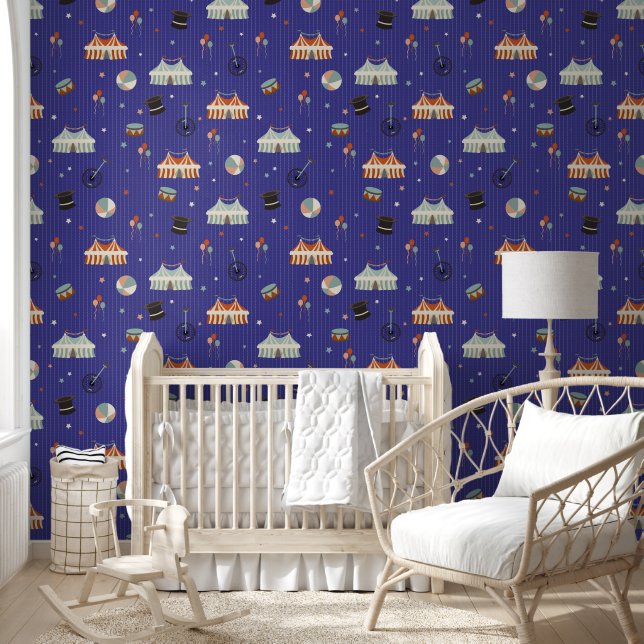 Cute Kids Circus Pattern on Blue Wallpaper (Kids)