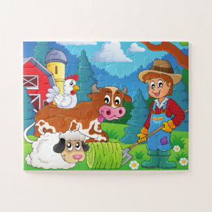 Cute Kids Colourful Farm Animals and Farmer  Jigsaw Puzzle