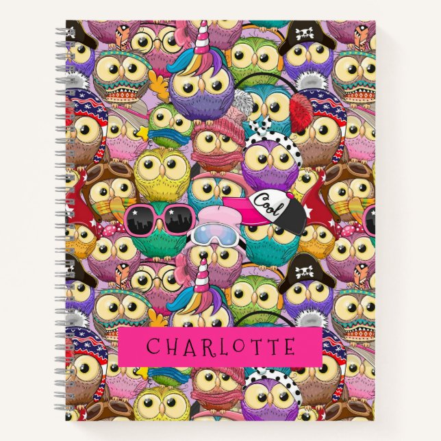 Cute Kids Colourful Owls Cartoon Seamless Pattern Notebook (Front)