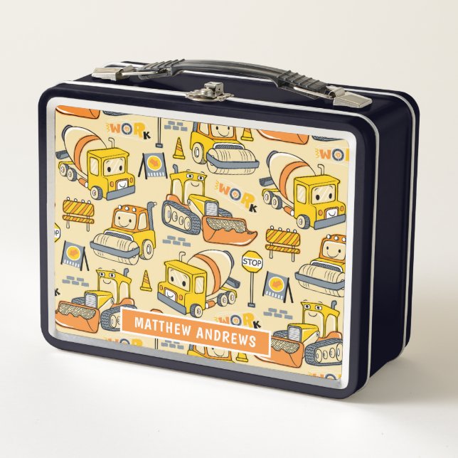 Cute Kids Construction Vehicles Personalised Name Metal Lunch Box (Front)