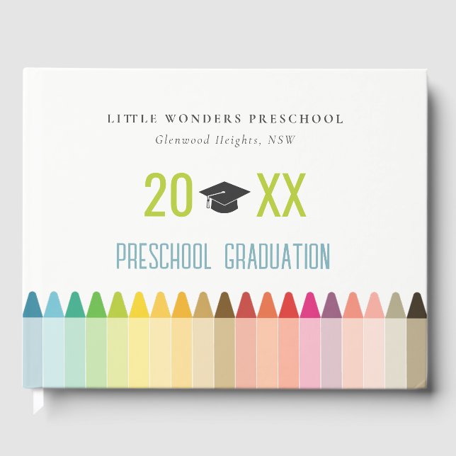 Cute Kids Crayon Fun Rainbow Preschool Graduation Guest Book (Front)