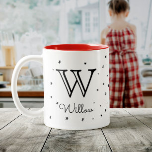 Cute Kids Custom Monogram + Name Stars Hearts Two-Tone Coffee Mug