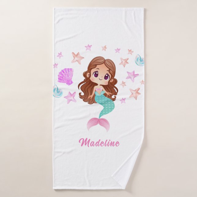 Cute Kids Dark Hair Mermaid Bath Towel (Bath Towel)
