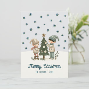 Cute Kids Decorating Chistmas Tree Drawing  Holiday Card