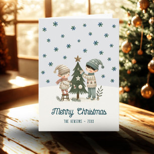 Cute Kids Decorating Chistmas Tree Drawing  Holiday Card