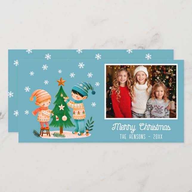 Cute Kids Decorating Chistmas Tree Photo Holiday Card (Front/Back)