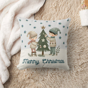 Cute Kids Decorating Christmas Tree Drawing Cushion