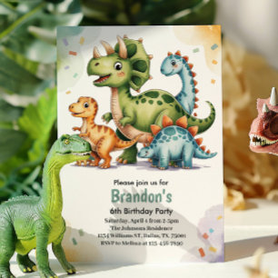 Cute Kids Dinosaur 6th Birthday Party Invitation