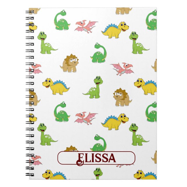 Cute Kids Dinosaur Animal Pattern Watercolor Name Notebook (Front)