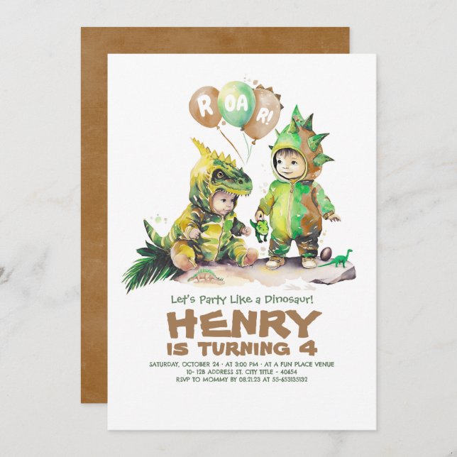 Cute Kids Dinosaur Birthday Green & Brown Invitation (Front/Back)