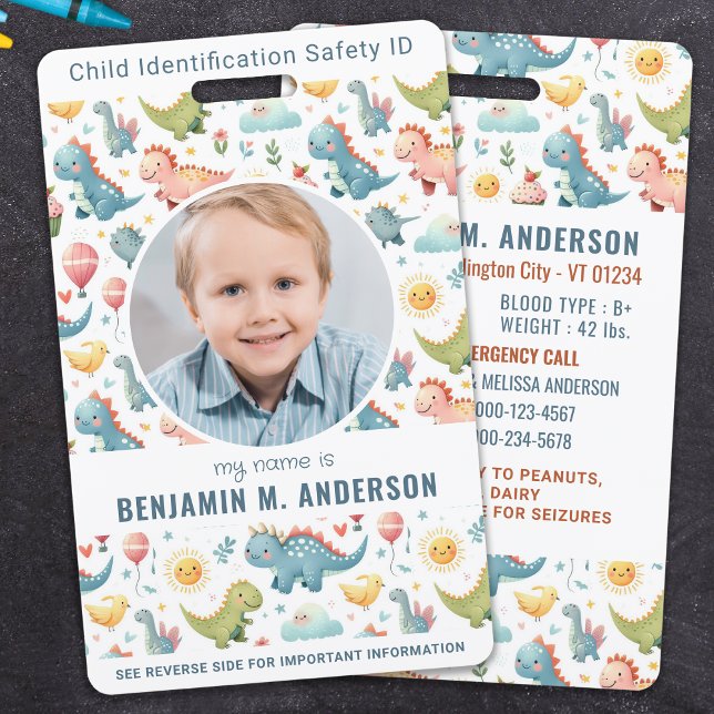 Cute Kid's Dinosaur Colourful Custom Photo Child I ID Badge (Creator Uploaded)