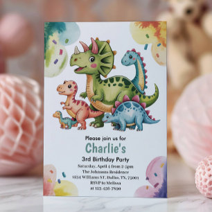 Cute Kids Dinosaur Theme 3rd Birthday Party  Invitation