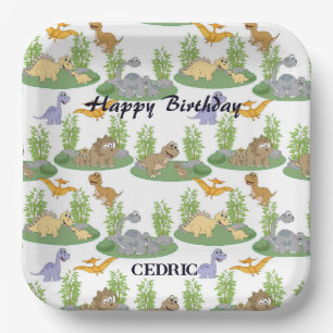 Cute Kids' Dinosaur Tree Pattern Name Birthday Paper Plate