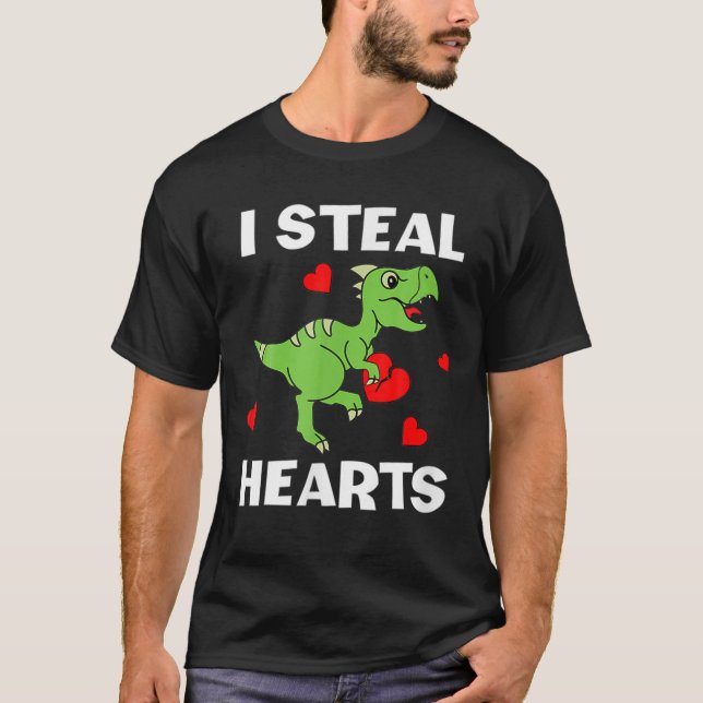 Cute Kids Dinosaur Valentines Day Lover I Steal He T-Shirt (Front)