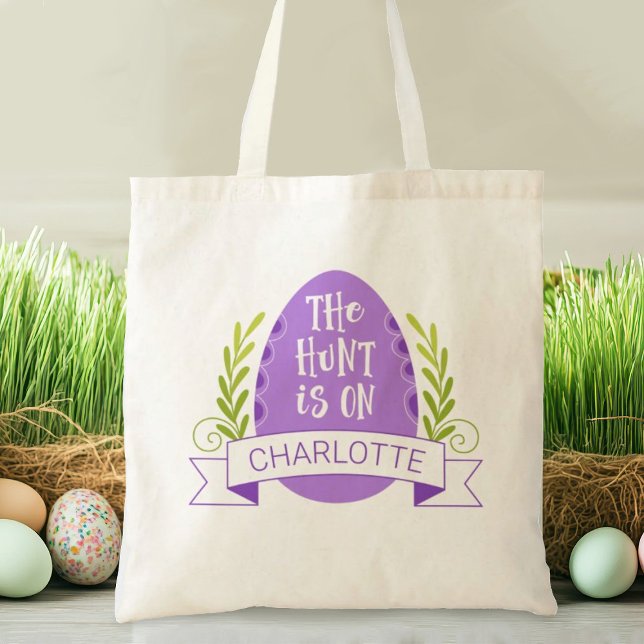 Cute Kids Easter Egg Hunt Tote Bag (A cute purple Easter egg hunt tote bag. Personalize it with your name.)